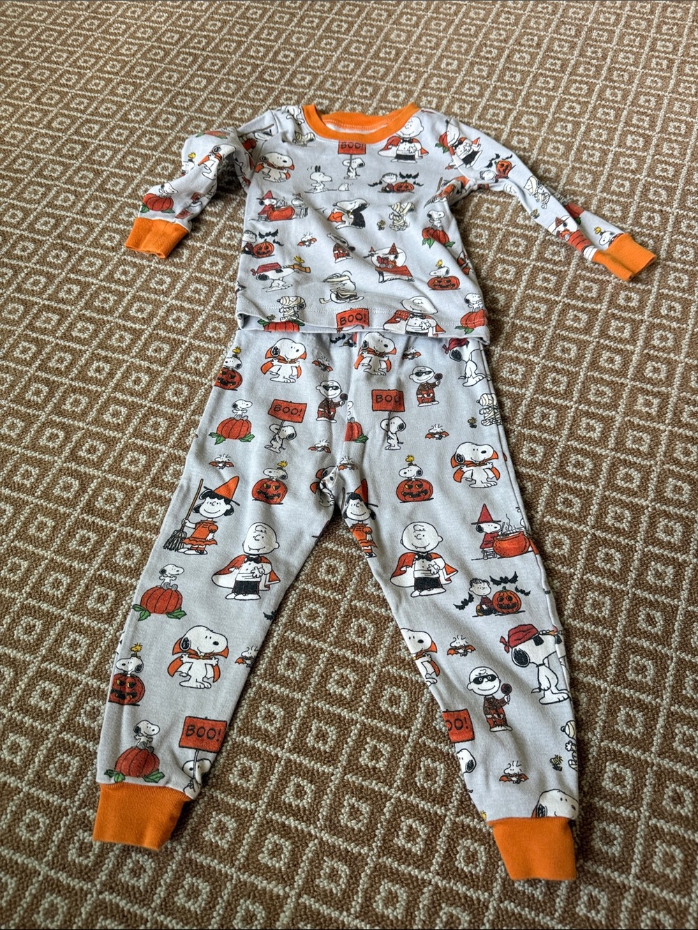 Pottery Barn Kids Snoopy Halloween Footed One-Piece in White and Orange Spooky